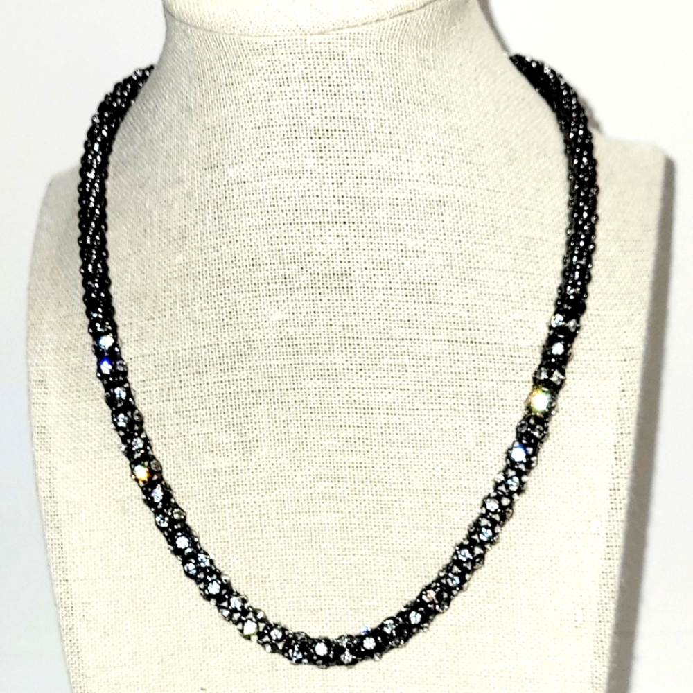 Rhinestone Statement Necklace Chain, Adjustable Length Pewter-tone, New